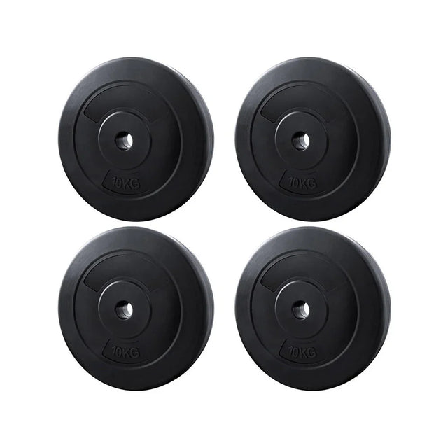 Set of four black 10kg rubber weight plates for gym barbell lifting