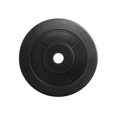 Black 10 kg weight plate with central hole for weightlifting equipment
