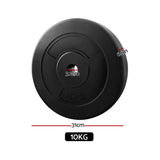 Black 10kg weight plate with 31cm diameter, 6cm thickness, and 3.1cm center hole