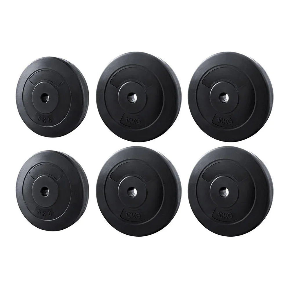 Set of six black rubber weight plates, 2x5kg and 4x10kg, for fitness and weightlifting