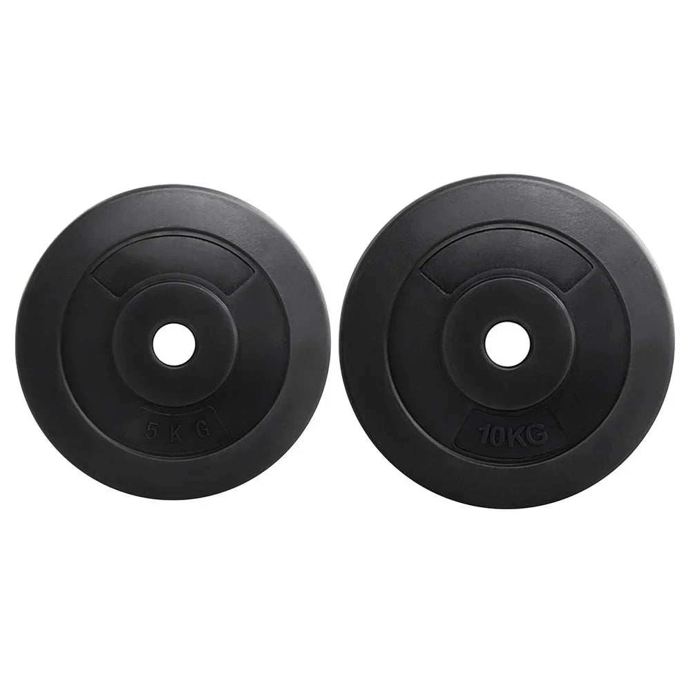 Black 5kg and 10kg rubber weight plates for fitness and strength training