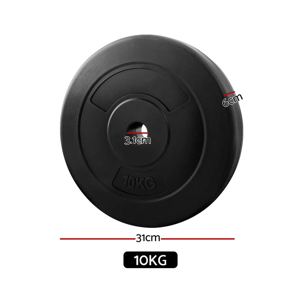 Black 10kg weight plate with 31cm diameter, 6cm thickness, and 3.1cm center hole