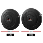 Black 5kg and 10kg weight plates with measurements, 25cm and 31cm diameter respectively