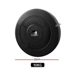 Black 10kg weight plate with 31cm diameter, 6cm thickness, and 3.1cm center hole