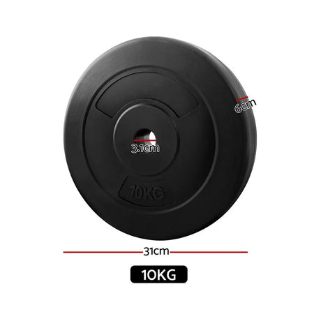 Black 10kg weight plate with 31cm diameter, 6cm thickness, and 3.1cm center hole