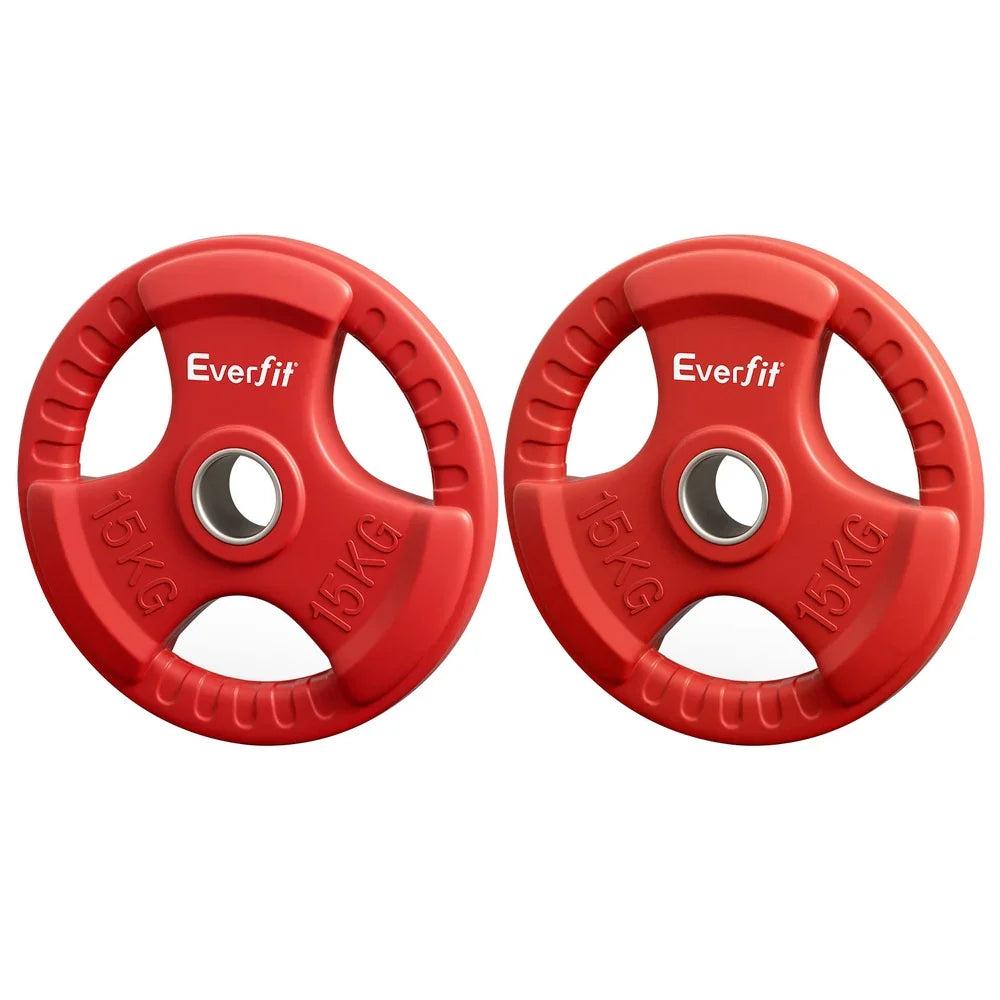 Pair of red Everfit 15kg weight plates with three grip holes on a white background