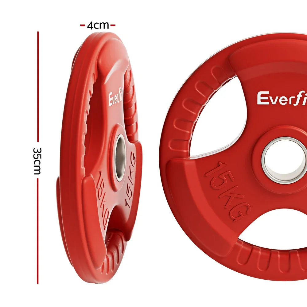 Red Everfit 15kg weight plate with ergonomic grips and metal center ring, 35cm diameter