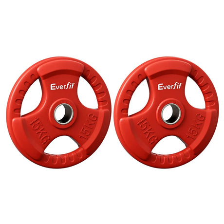Pair of red Everfit 15kg weight plates with grip handles for gym and fitness