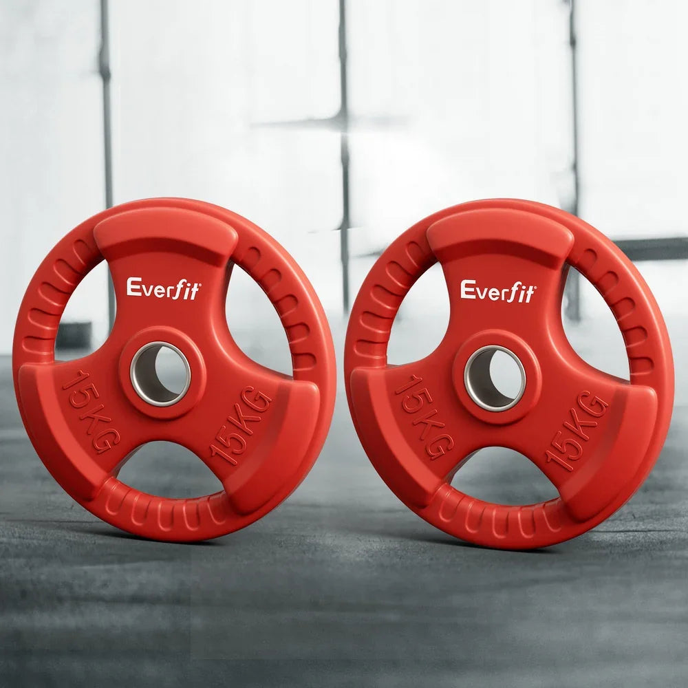 Pair of red 15kg Everfit weight plates on gym floor with grip handles and central metal rings