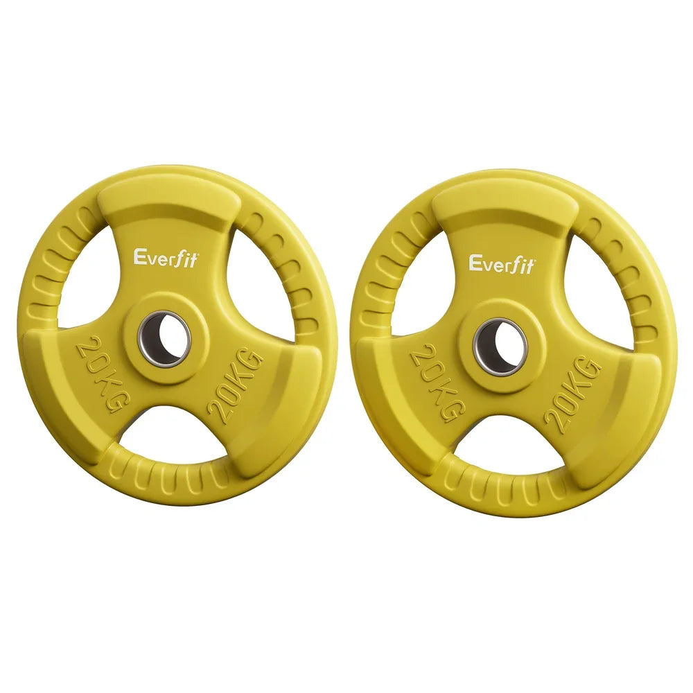 Pair of yellow Everfit 20KG weightlifting plates with three grip handles on white background
