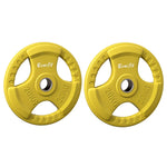 Set of two yellow Everfit 20kg weight plates with triangular grip holes on white background