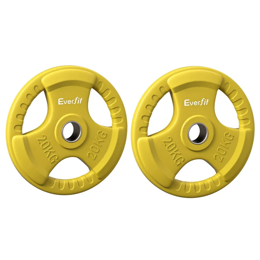 Set of two yellow Everfit 20kg weight plates with triangular grip holes on white background