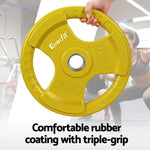 Yellow 20KG Everfit rubber-coated weight plate with triple-grip handles held in gym setting