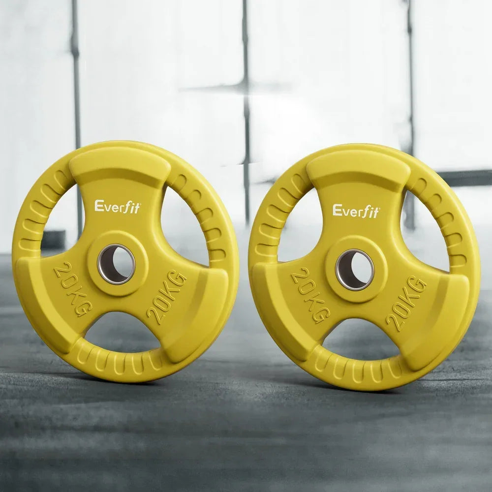 Two yellow Everfit 20kg weight plates standing on a gym floor with blurred window background