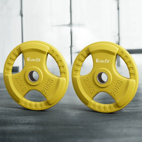 Two yellow Everfit 20kg weight plates standing on a gym floor with blurred window background