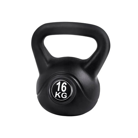Black 16kg kettlebell with wide handle on white background