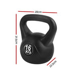 Black 16 kg kettlebell with dimensions 28cm width, 31.5cm height, 22.5cm depth on white background