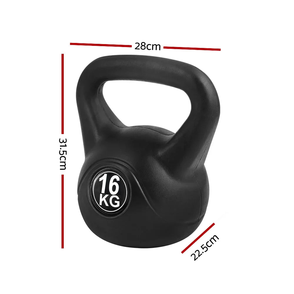 Black 16 kg kettlebell with dimensions 28cm width, 31.5cm height, 22.5cm depth on white background