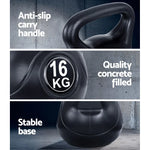 16 kg black kettlebell with anti-slip handle, quality concrete filled, and stable base