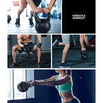 Collage of people performing versatile workouts with a 16kg black kettlebell in gym settings