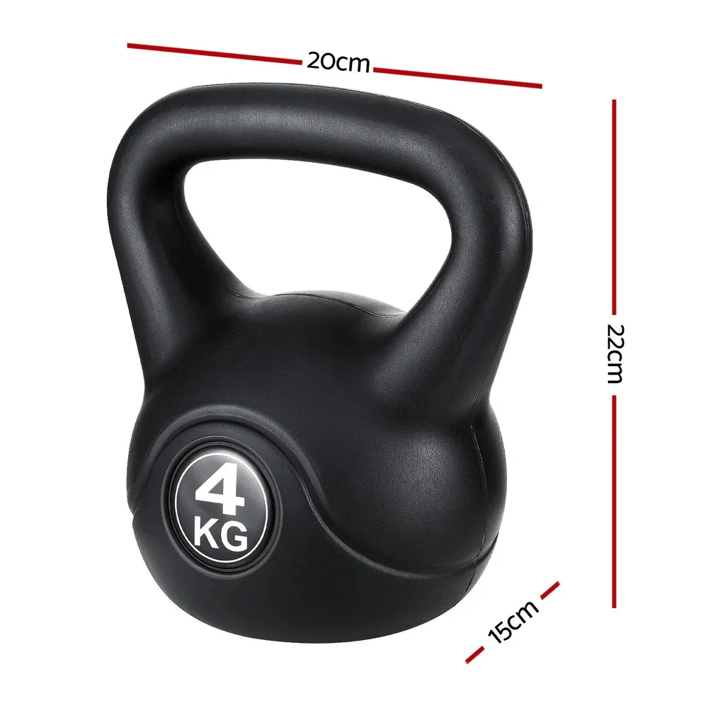 Black 4kg kettlebell with handle and dimensions 20cm width, 22cm height, 15cm depth