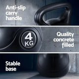 Black 4kg kettlebell with anti-slip handle, quality concrete fill, and stable base