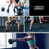 Collage of athletes using 4kg black kettlebell for versatile workouts in gym settings