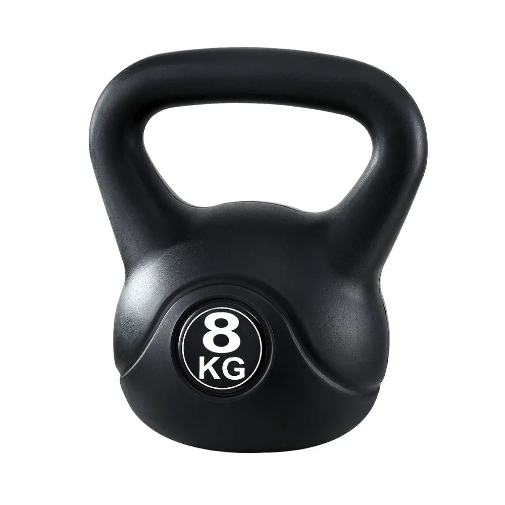 Black 8 kg kettlebell weight with ergonomic handle on white background