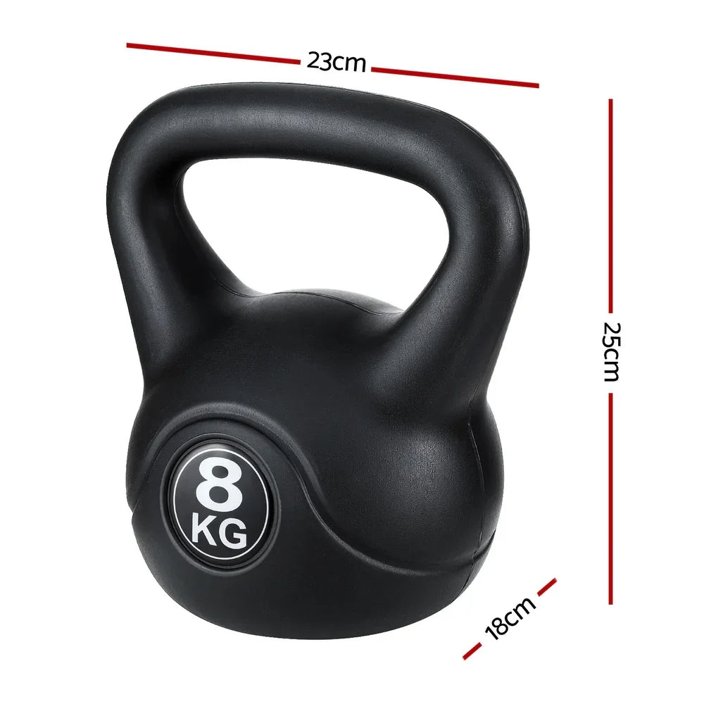 Black 8kg kettlebell with dimensions 23cm wide, 25cm tall, and 18cm deep for fitness training