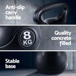 Black 8kg concrete-filled kettlebell with anti-slip handle and stable base on concrete floor