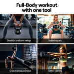 Women performing full-body workouts with 8kg black kettlebell including deadlifts, goblet squats, cross training