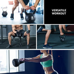 Collage of men and woman using 8KG black kettlebell for versatile workouts in gym settings