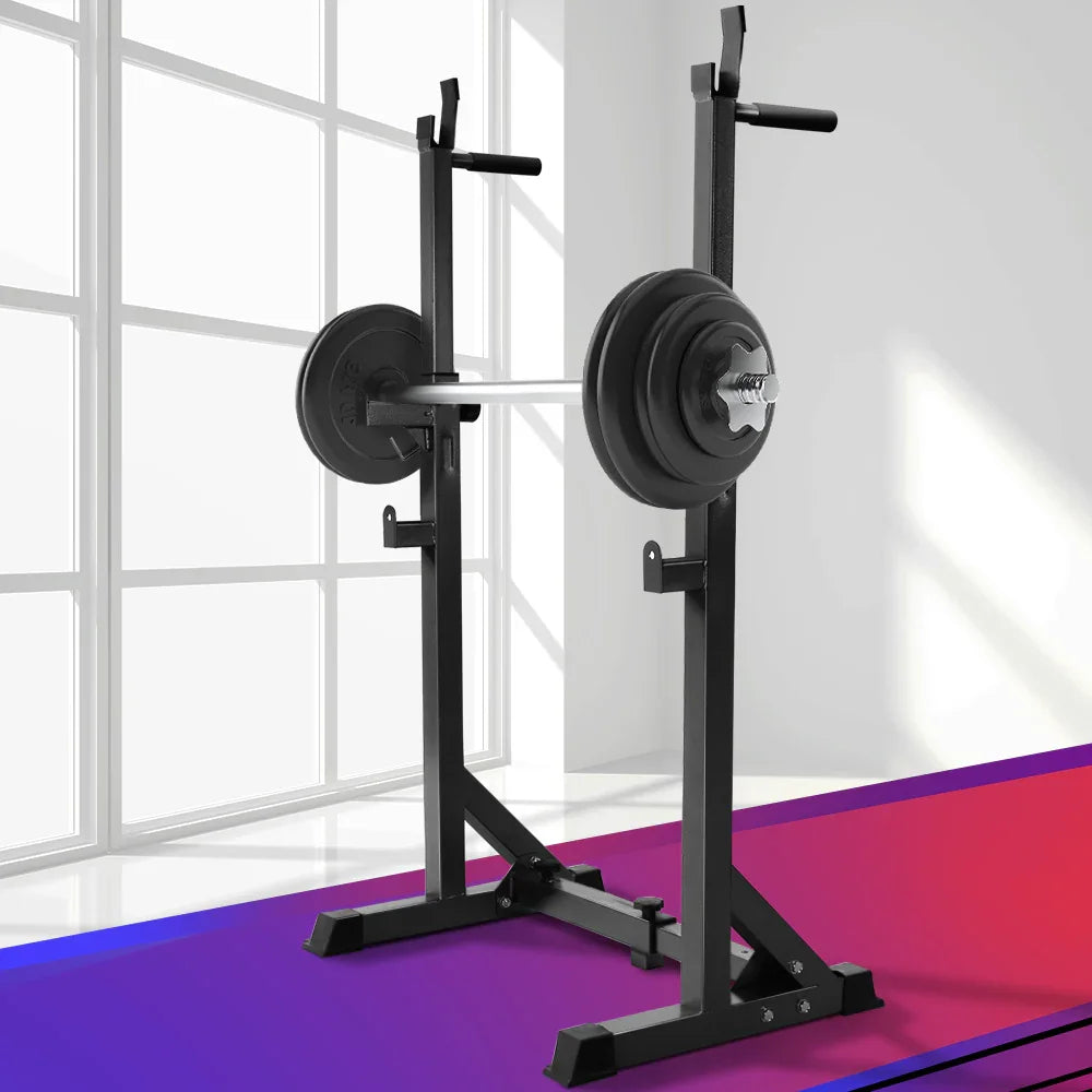 Adjustable squat rack with loaded barbell in bright modern gym setting