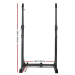 Adjustable squat rack with height and width measurements on a white background