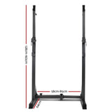 Adjustable squat rack with height and width measurements on a white background