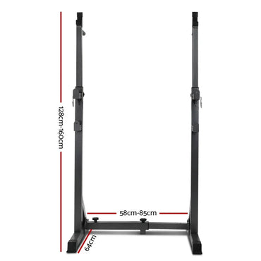 Adjustable squat rack with height and width measurements on a white background
