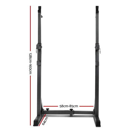 Adjustable squat rack with height and width measurements on a white background