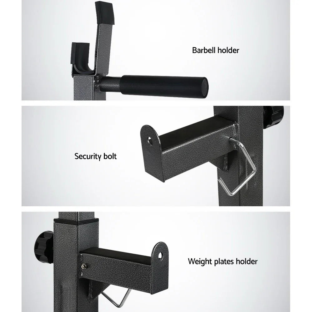 Close-up of black squat rack features, including barbell holder, security bolt, and weight plates holder.