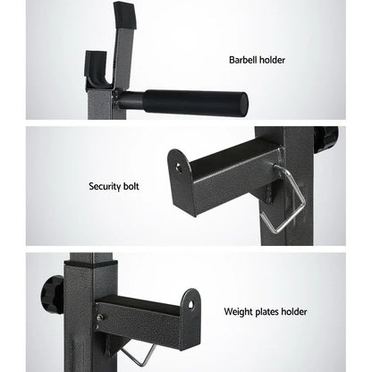 Close-up of black squat rack features, including barbell holder, security bolt, and weight plates holder.