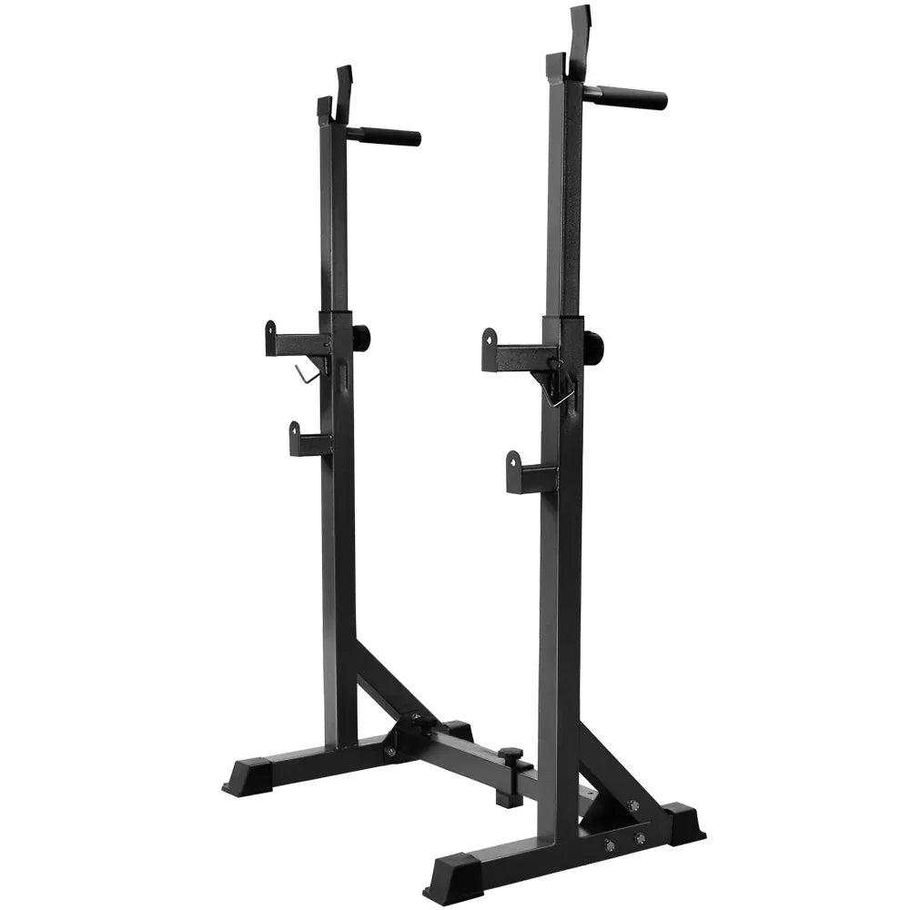 Adjustable black squat rack for barbell weightlifting in a home gym setting