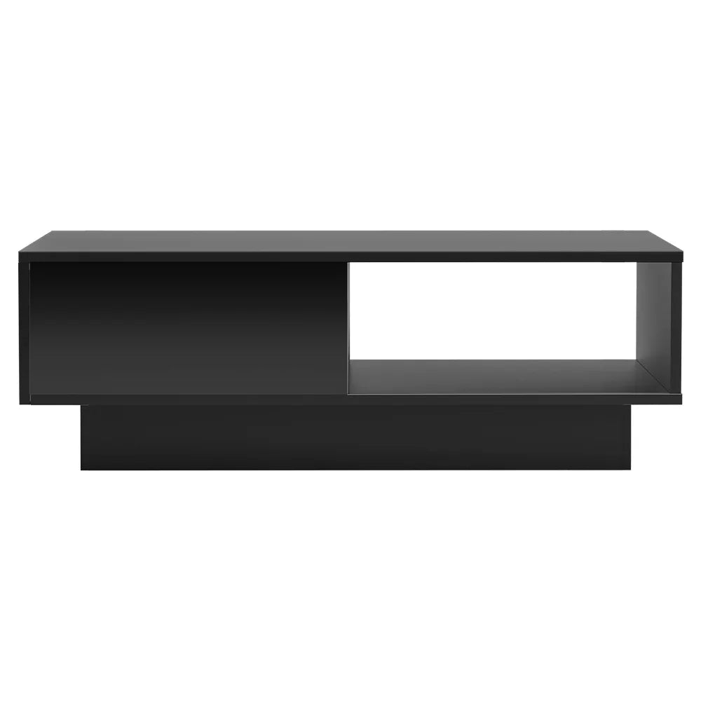 Modern black rectangular coffee table with open storage shelf, minimalist design