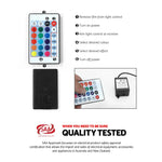 LED strip light remote control with setup instructions and SAA quality tested certification badge.