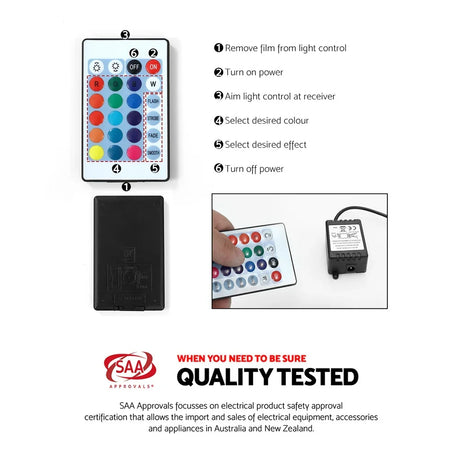 LED strip light remote control with setup instructions and SAA quality tested certification badge.