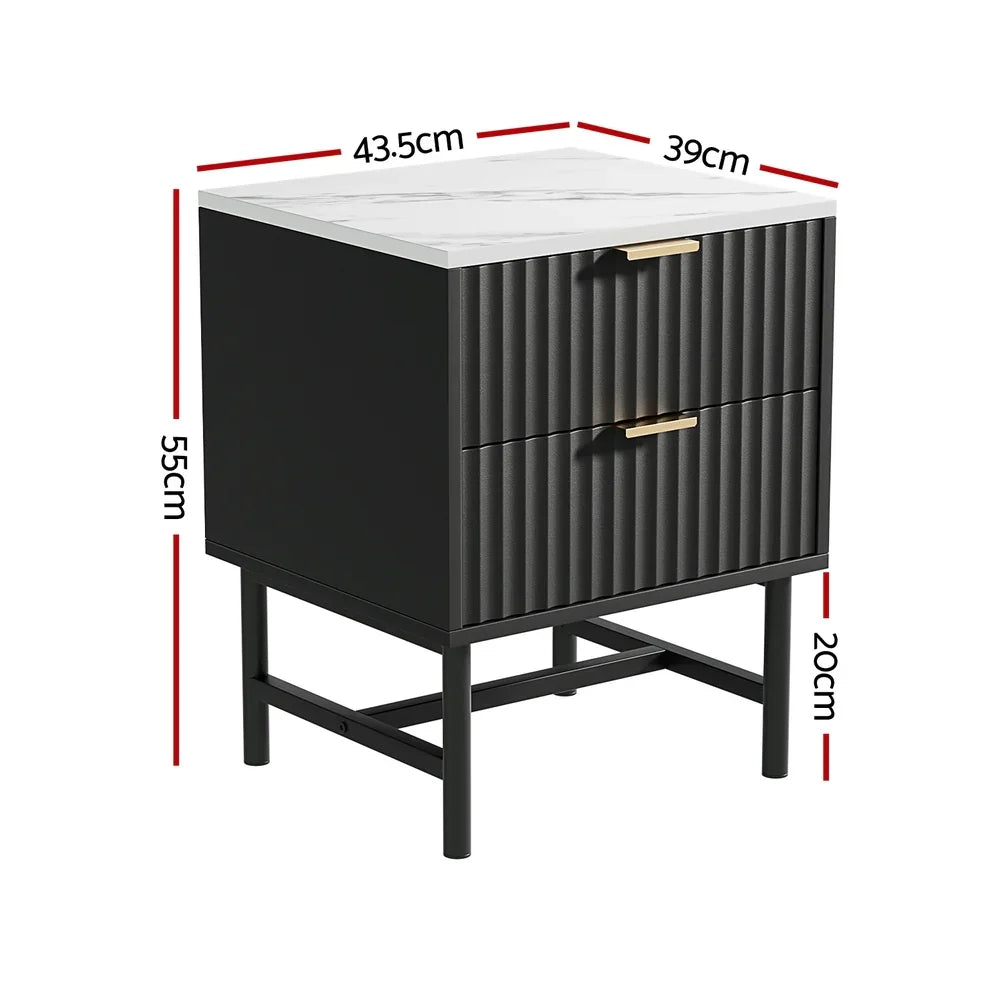Modern black bedside table with two drawers, gold handles, marble top, and measurements shown