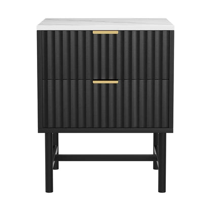 Modern black nightstand with fluted drawers, gold handles, and white marble top