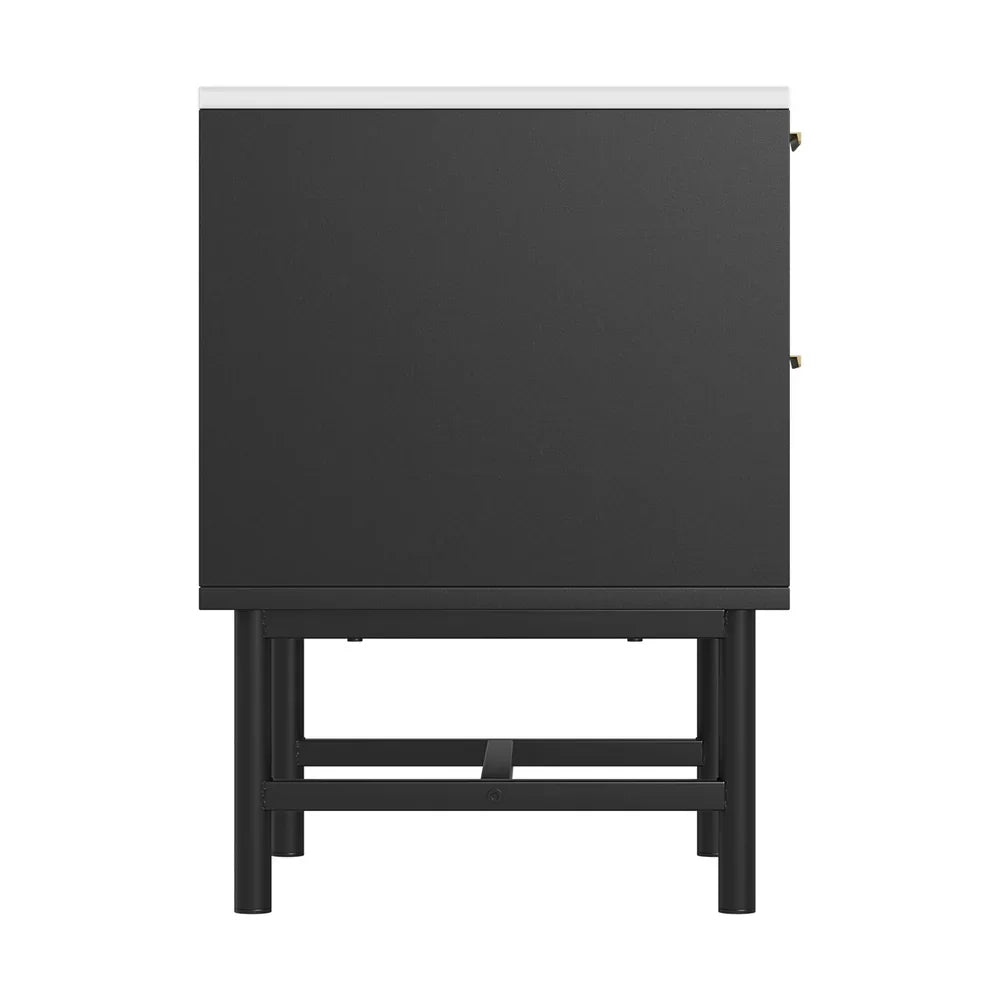 Modern black bathroom vanity cabinet with metal frame and white countertop