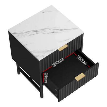 Modern black bedside table with white marble top, open drawer and visible dimensions