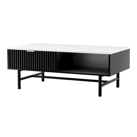 Modern black and white coffee table with ribbed drawer and open shelf on metal legs