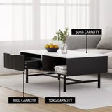 Modern black and white coffee table with open drawer, storage shelf, and 50kg capacity label