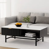 Modern black and white coffee table with decorative bowl, plant, books, and grey sofa